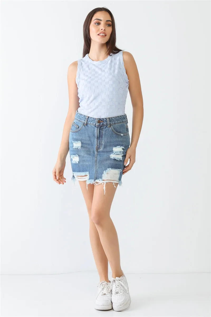 Women's Baby Blue Chess Cage Print Cotton Blend Sleeveless Bodysuit