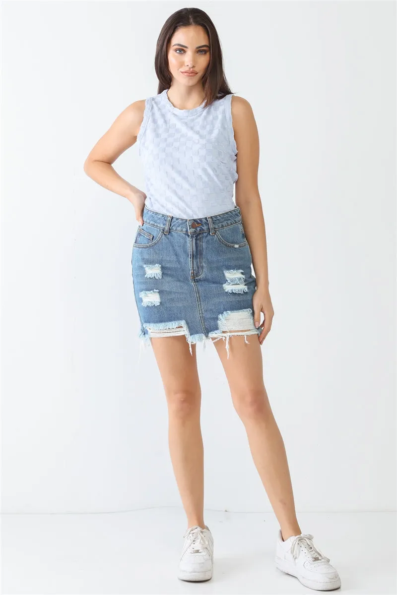 Women's Baby Blue Chess Cage Print Cotton Blend Sleeveless Bodysuit