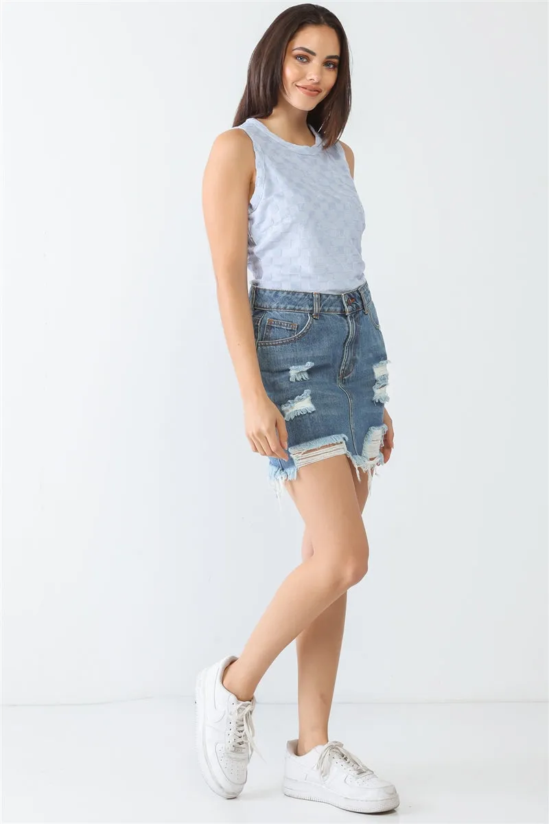 Women's Baby Blue Chess Cage Print Cotton Blend Sleeveless Bodysuit