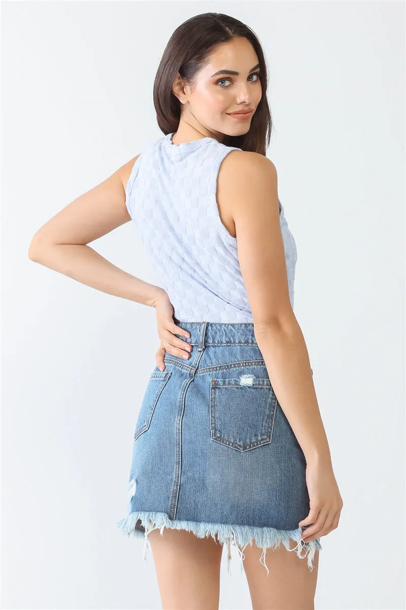 Women's Baby Blue Chess Cage Print Cotton Blend Sleeveless Bodysuit