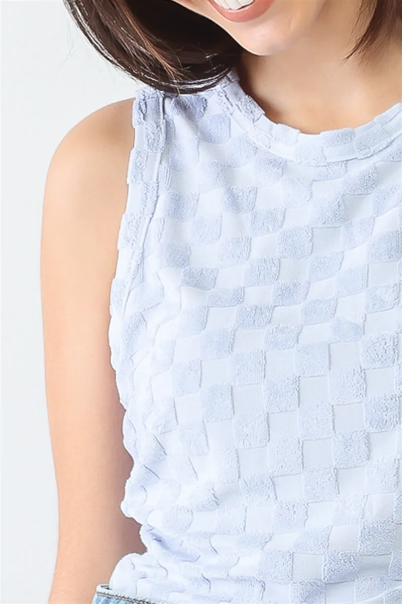 Women's Baby Blue Chess Cage Print Cotton Blend Sleeveless Bodysuit