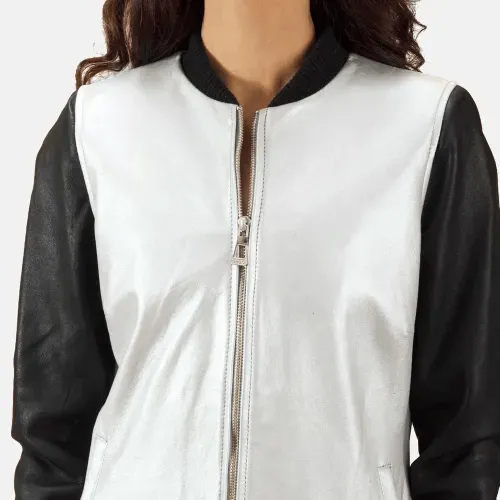 Womens Cole Silver Leather Bomber Jacket