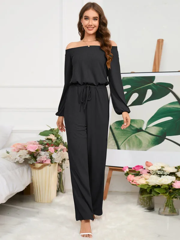 Women's Off The Shoulder Long Sleeve Wide Leg Jumpsuit With Tie Waist