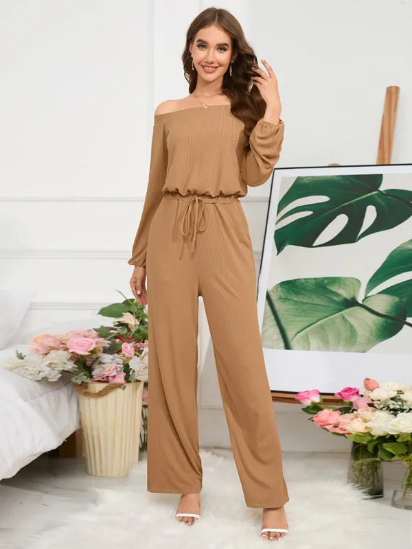 Women's Off The Shoulder Long Sleeve Wide Leg Jumpsuit With Tie Waist