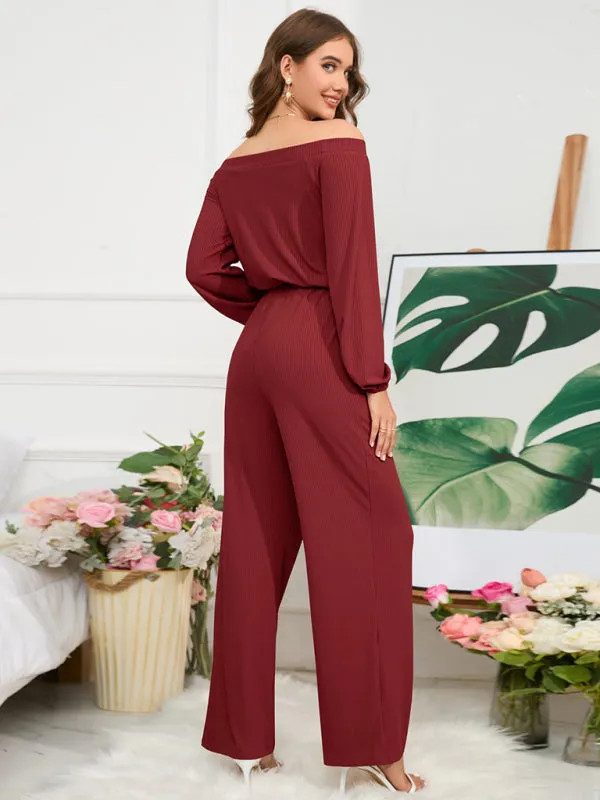 Women's Off The Shoulder Long Sleeve Wide Leg Jumpsuit With Tie Waist