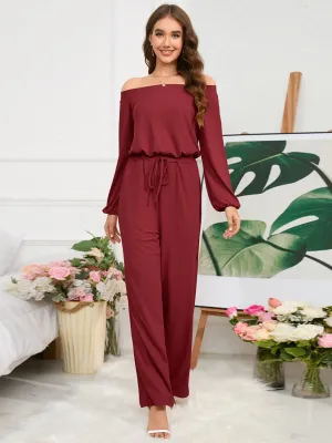 Women's Off The Shoulder Long Sleeve Wide Leg Jumpsuit With Tie Waist