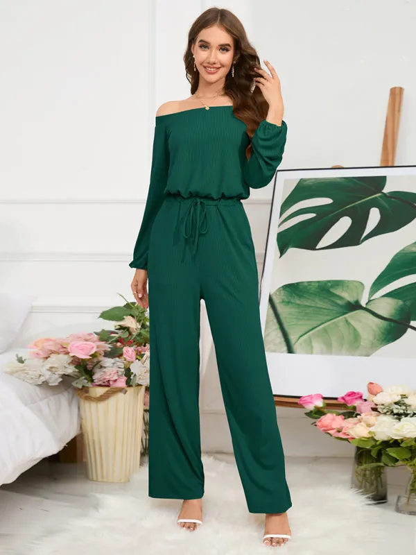 Women's Off The Shoulder Long Sleeve Wide Leg Jumpsuit With Tie Waist