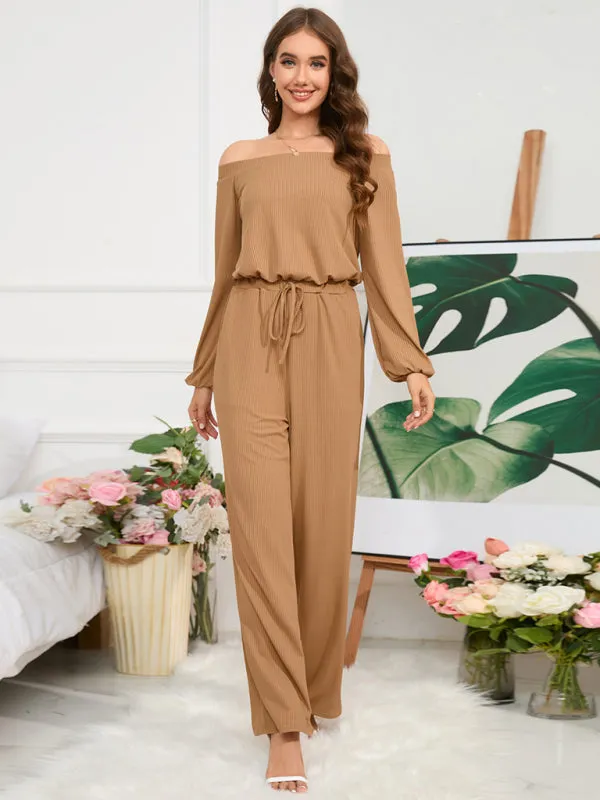 Women's Off The Shoulder Long Sleeve Wide Leg Jumpsuit With Tie Waist