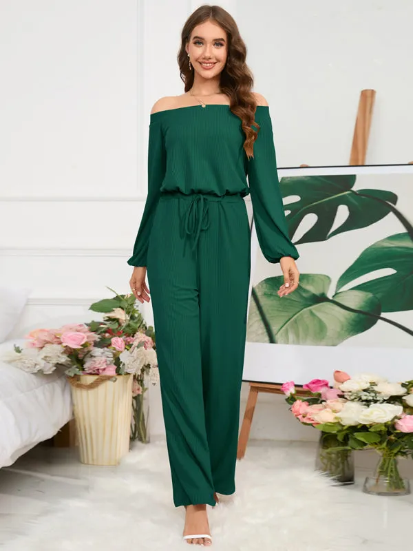 Women's Off The Shoulder Long Sleeve Wide Leg Jumpsuit With Tie Waist