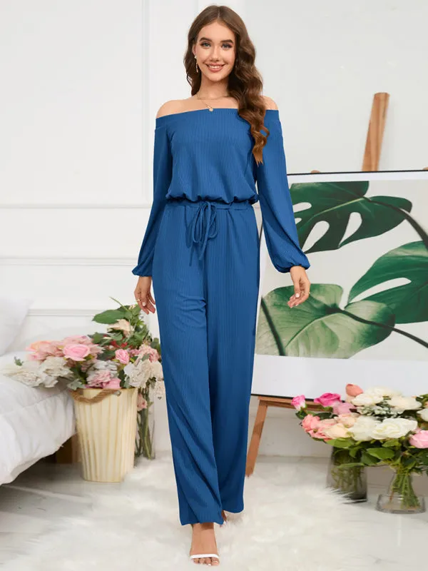 Women's Off The Shoulder Long Sleeve Wide Leg Jumpsuit With Tie Waist