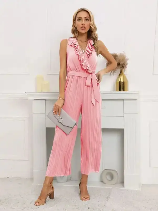 Women’s Solid Color Ruffle Rim Waist Tie Jumpsuit