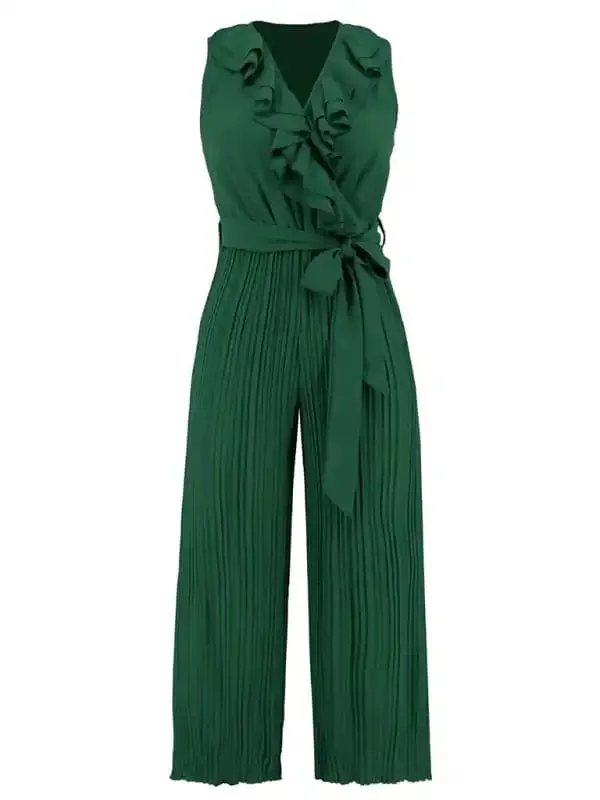 Women’s Solid Color Ruffle Rim Waist Tie Jumpsuit