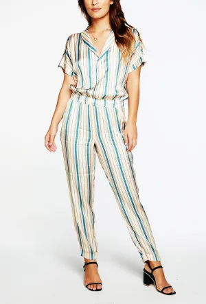 Women's Stripe Short Sleeve Rolled Cuff Jumpsuit
