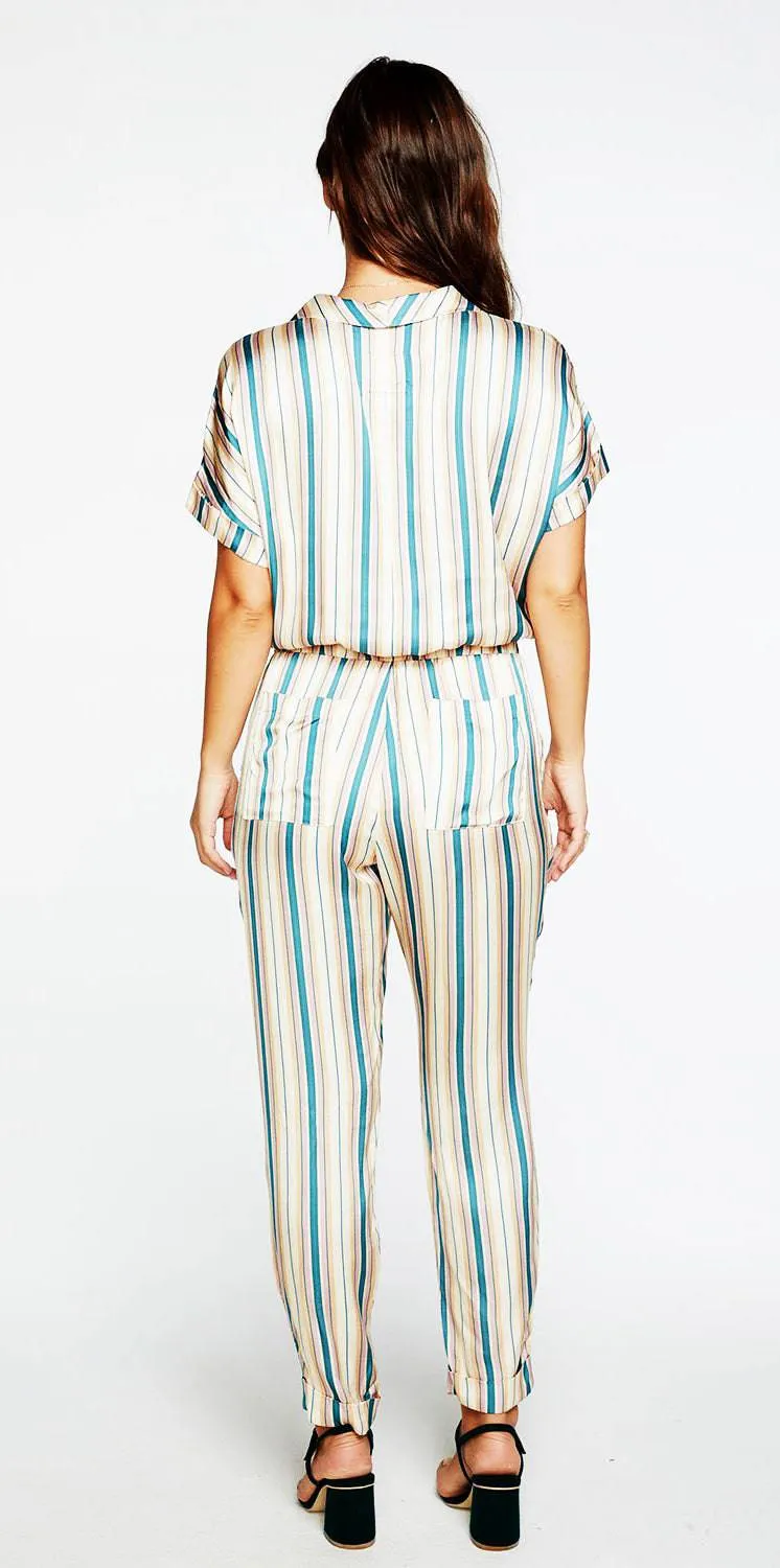 Women's Stripe Short Sleeve Rolled Cuff Jumpsuit