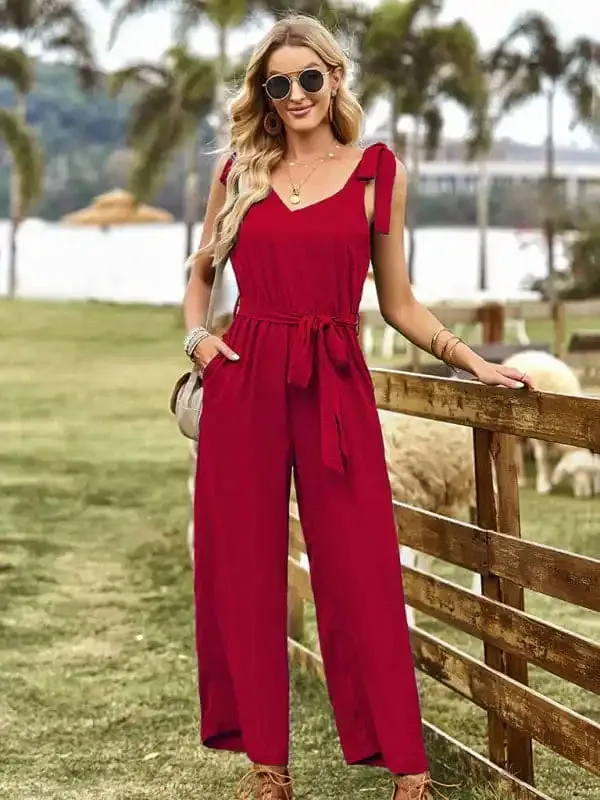 Women’s woven temperament commuting waist slimming sleeveless jumpsuit