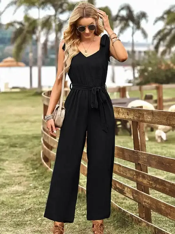 Women’s woven temperament commuting waist slimming sleeveless jumpsuit