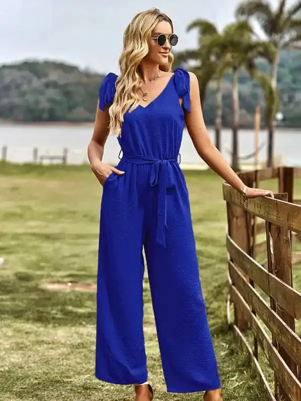 Women’s woven temperament commuting waist slimming sleeveless jumpsuit