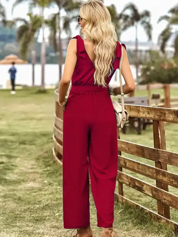 Women’s woven temperament commuting waist slimming sleeveless jumpsuit