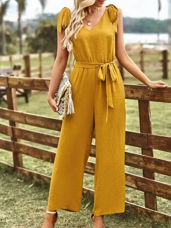 Women’s woven temperament commuting waist slimming sleeveless jumpsuit