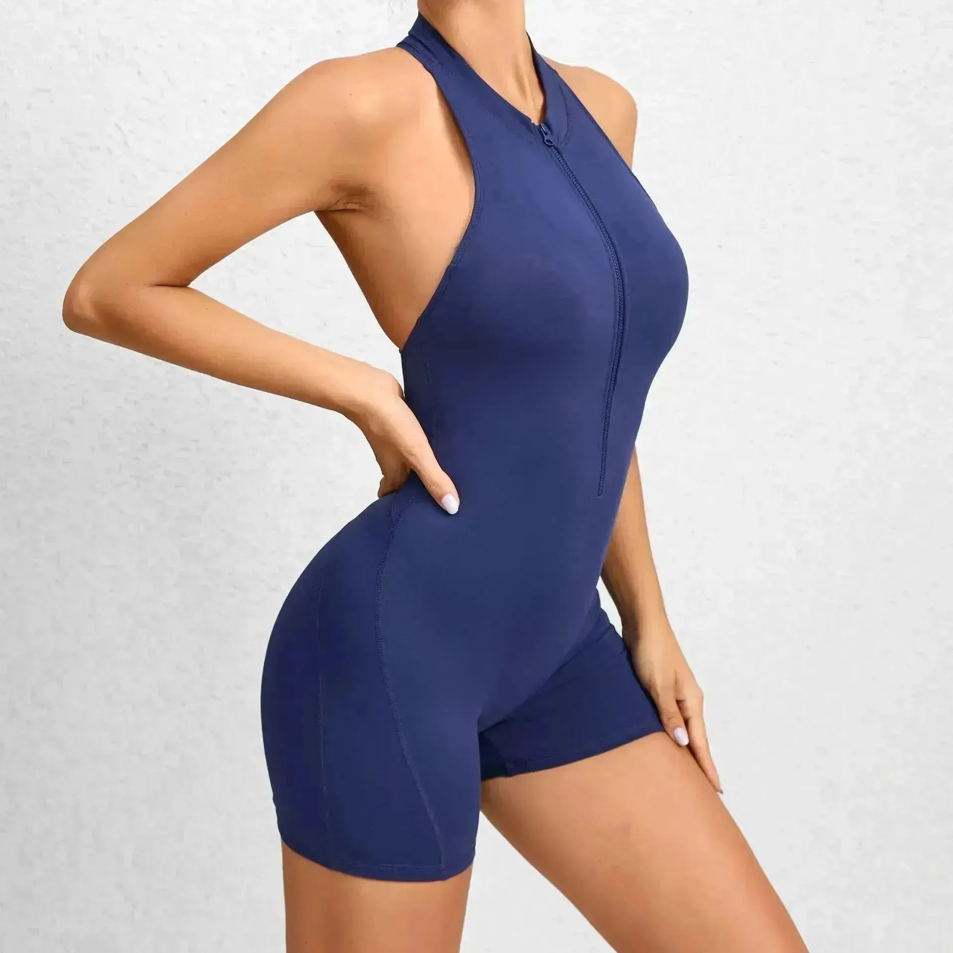 Zippered Yoga Fitness Shorts Jumpsuit Sleeveless Tummy Control Stretch Shapewear Butt Lifting Sportswear Women